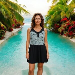 Chic Blue and Black One-Piece Swim Dress